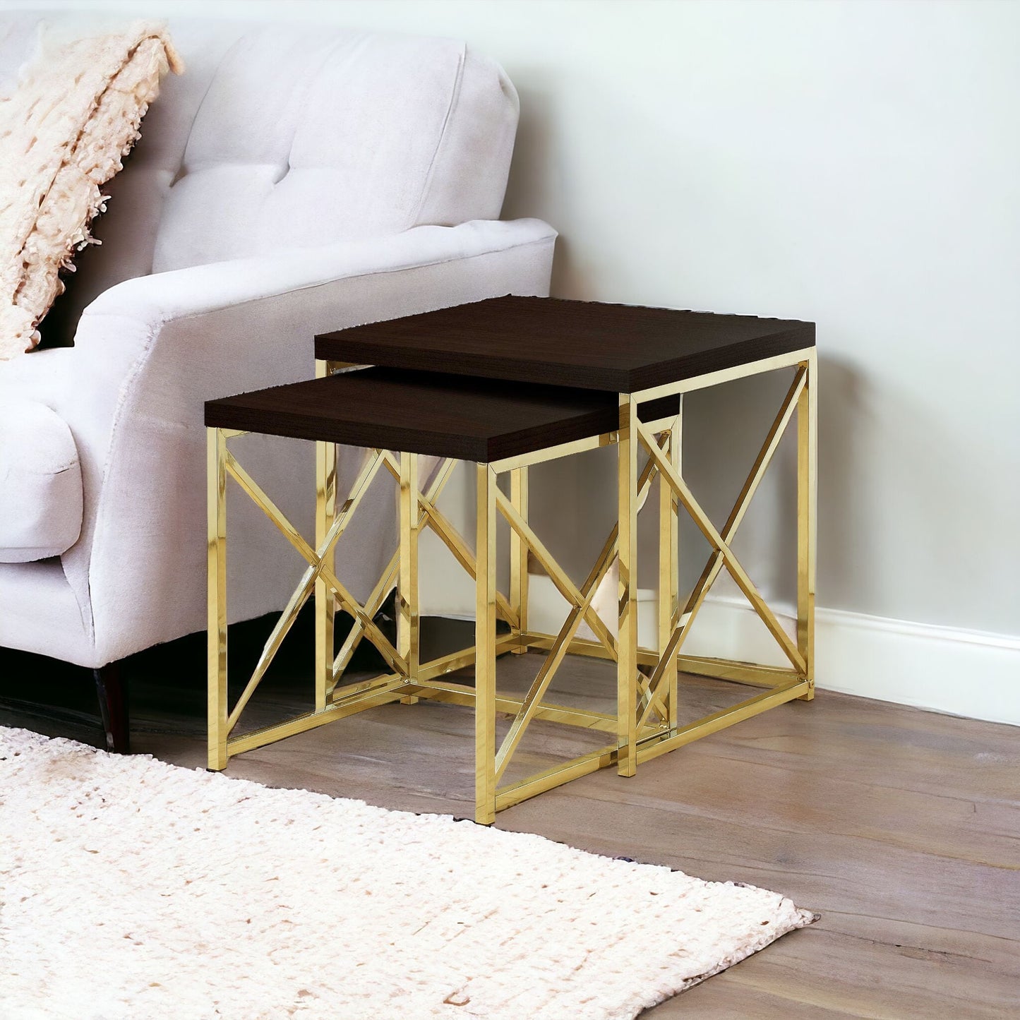 Set of Two 41" Gold And Brown Nested Tables