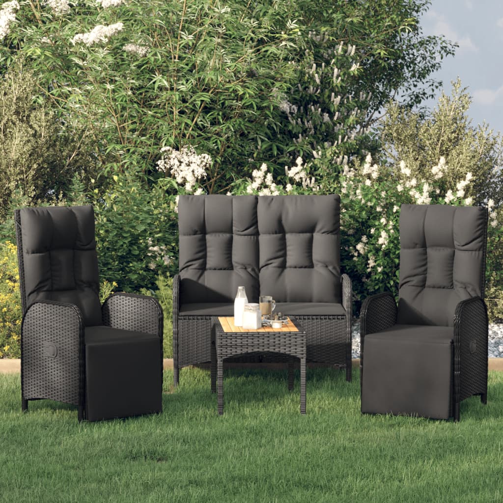 4 Piece Patio Dining Set with Cushions Black Poly Rattan