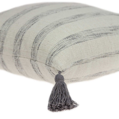 18" Beige and Gray Striped Cotton Throw Pillow With Tassels