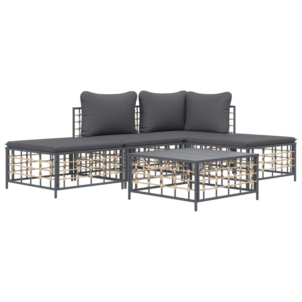 5 Piece Patio Lounge Set with Cushions Anthracite Poly Rattan