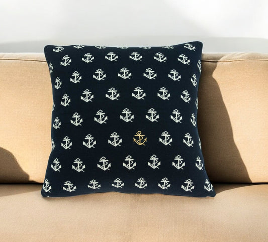 20" Blue and Off White Reversible Nautical Anchor Cotton Throw Pillow