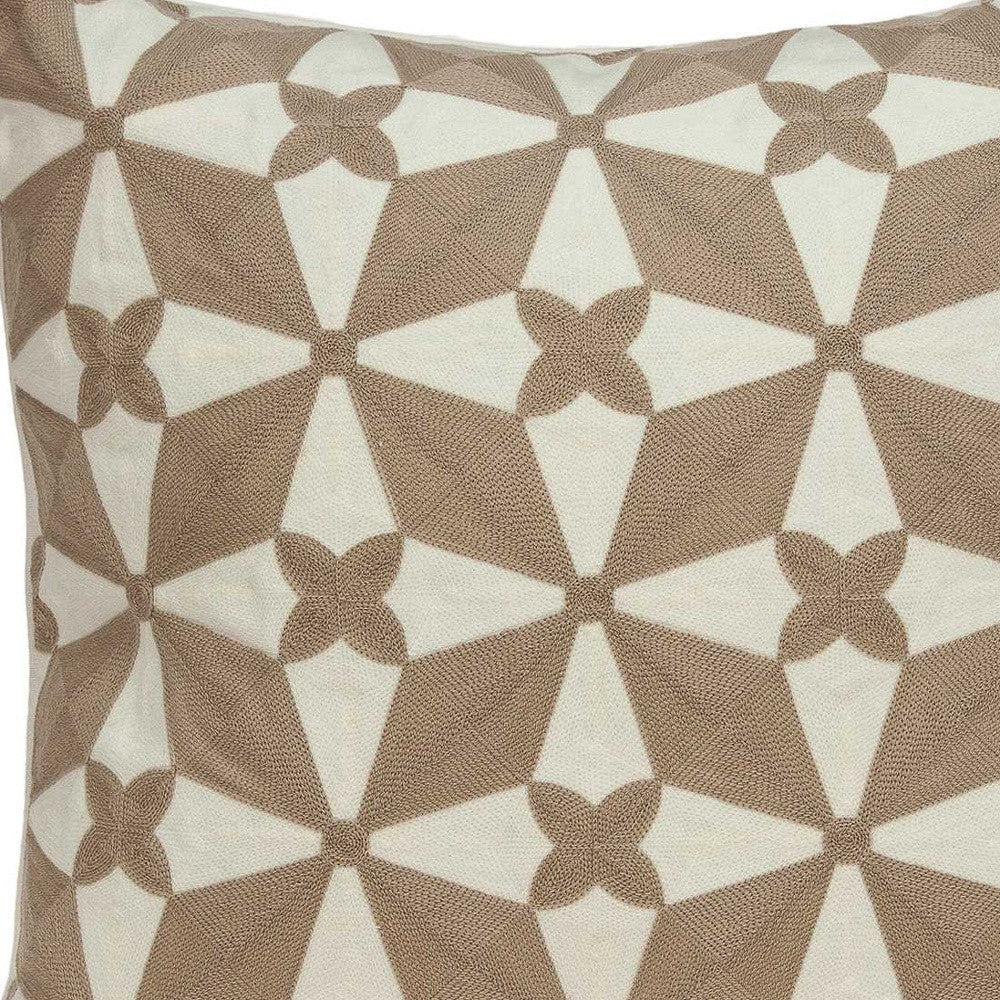 20" Beige and White Geometric Cotton Throw Pillow