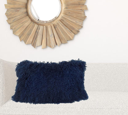 17" Navy Blue Genuine Tibetan Lamb Fur Pillow With Microsuede Backing