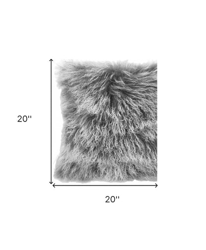 20" Grey Genuine Tibetan Lamb Fur Pillow With Microsuede Backing