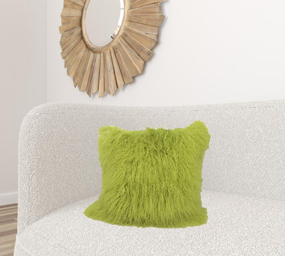 20" Lime Green Genuine Tibetan Lamb Fur Pillow With Microsuede Backing