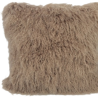 24" Beige Genuine Tibetan Lamb Fur Pillow With Microsuede Backing