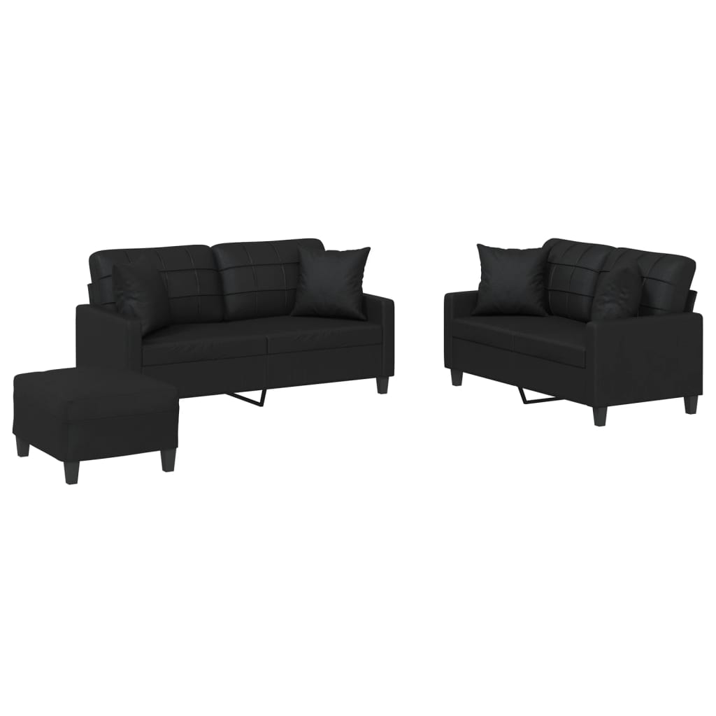 3 Piece Sofa Set with Pillows Black Faux Leather