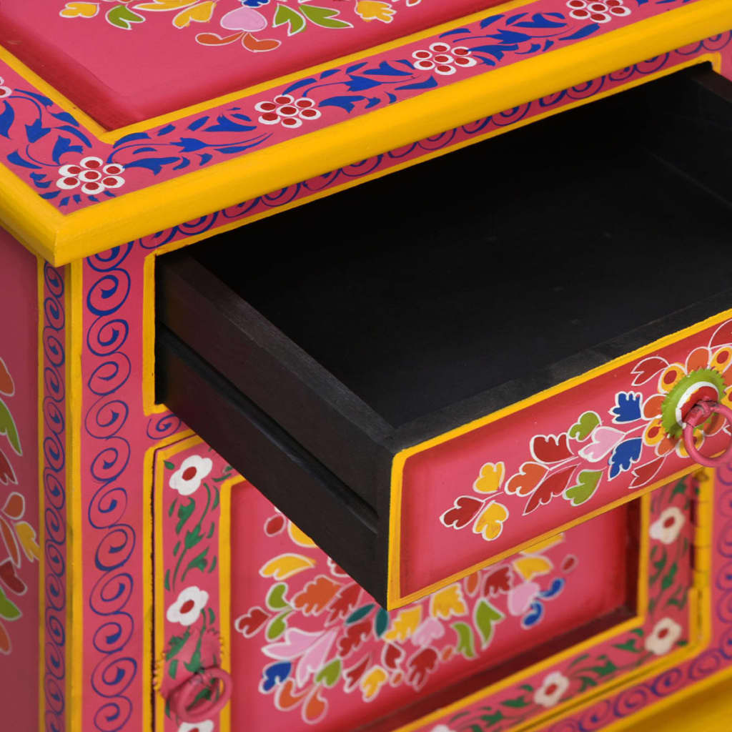 Bedside Cabinet Solid Mango Wood Pink Hand Painted