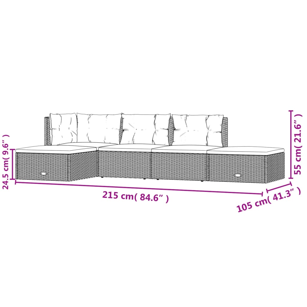 5 Piece Patio Lounge Set with Cushions Gray Poly Rattan