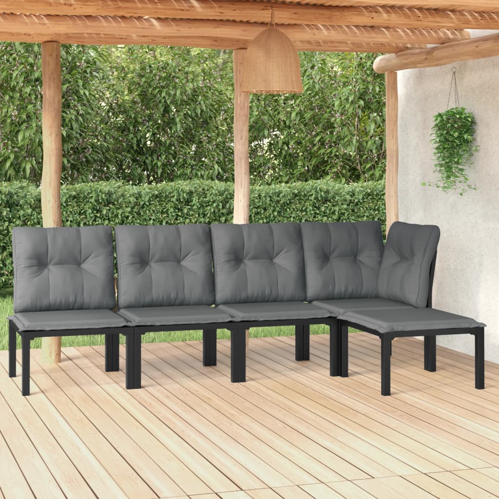 5 Piece Patio Lounge Set Black and Gray Poly Rattan