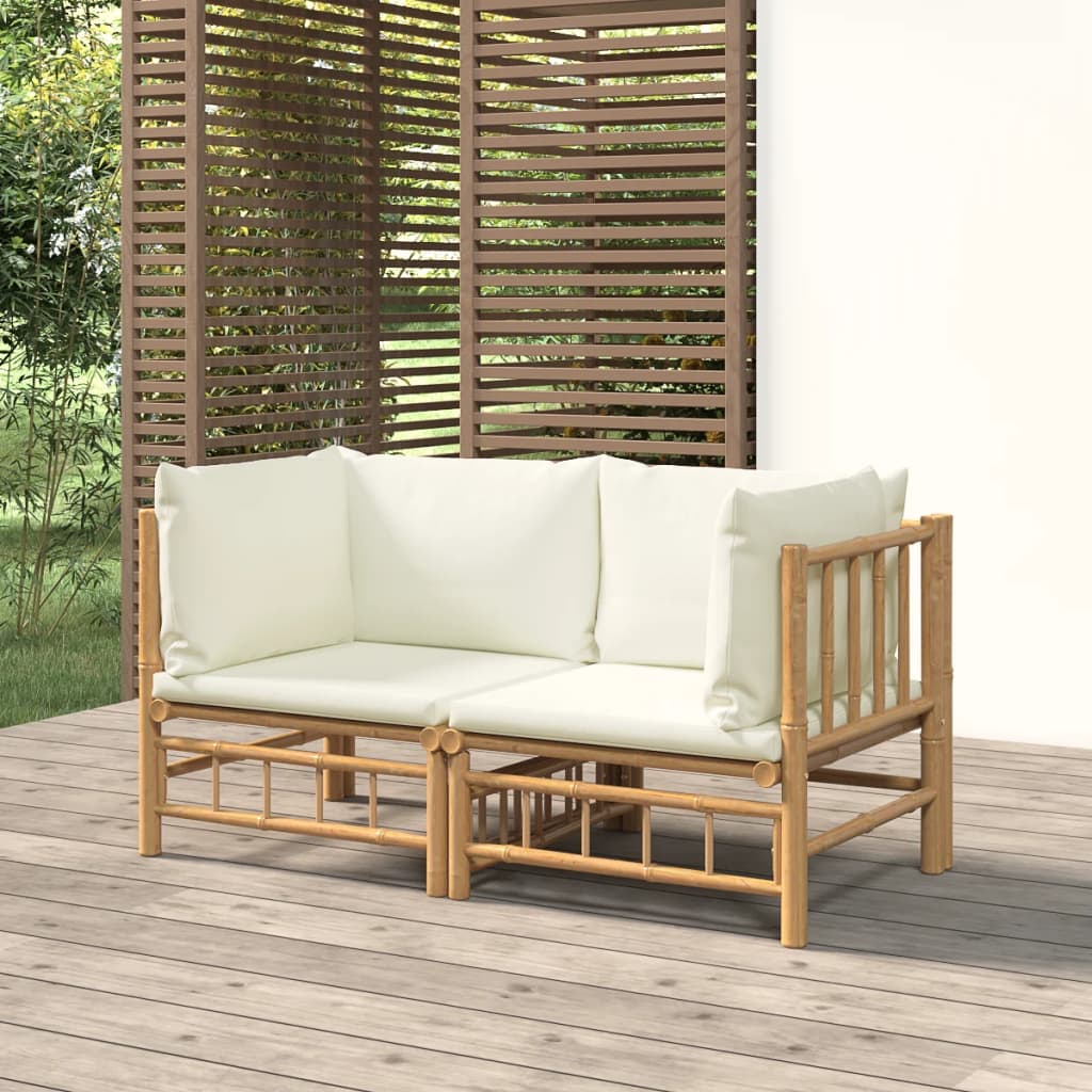 Patio Corner Sofas with Cream White Cushions 2 pcs Bamboo