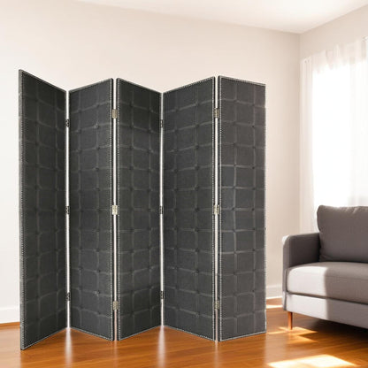 108" Gray Fabric And Wood Folding Five Panel Screen Room Divider