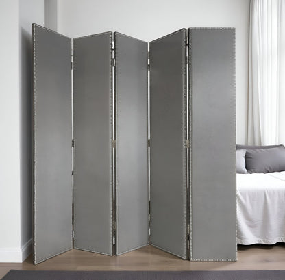 108" Gray Fabric And Wood Folding Five Panel Screen Room Divider