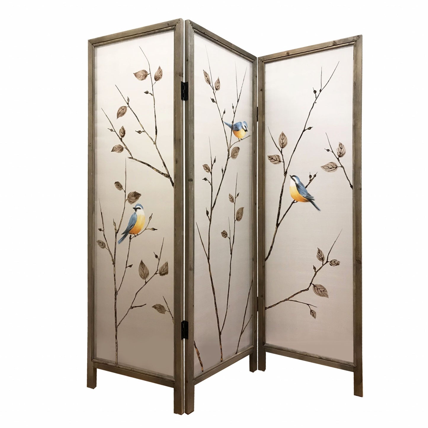 63" Brown Fabric and Wood Folding Three Panel Screen Room Divider