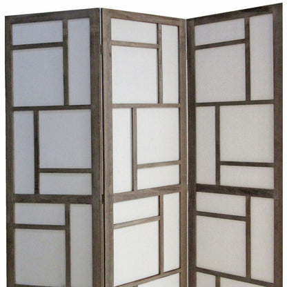 50" Gray and White Wood and Fabric Three Panel Screen Room Divider