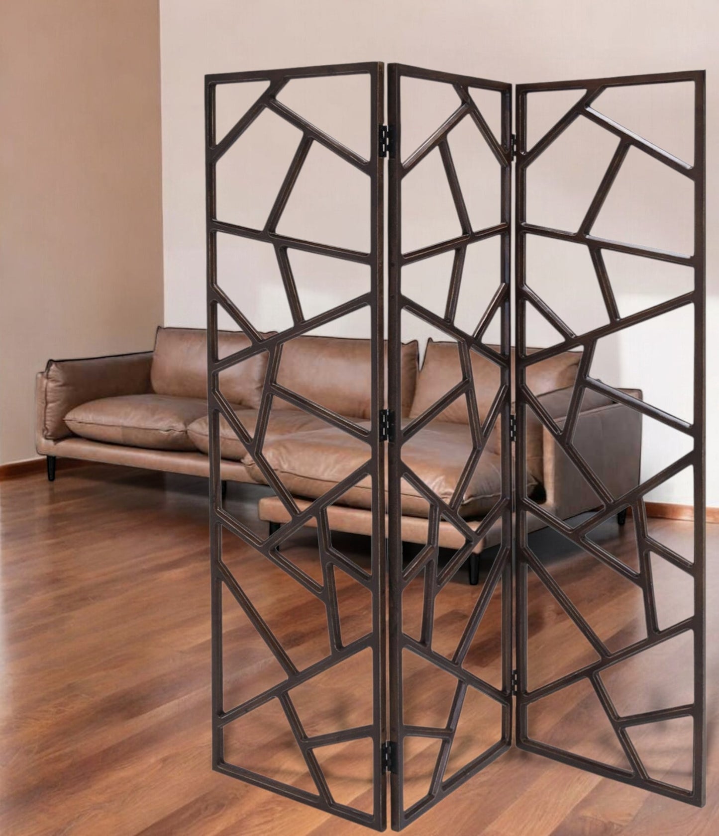 70" Brown Solid Wood Folding Three Panel Screen Room Divider