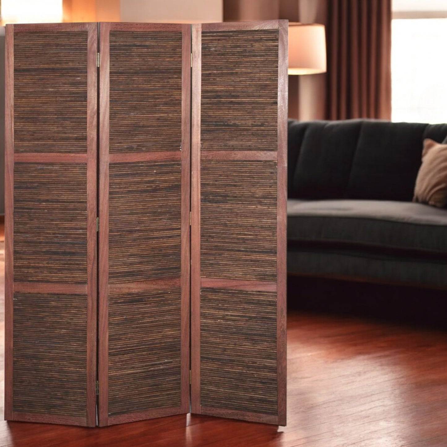 67" Brown Solid and Manufactured Wood Folding Three Panel Screen Room Divider