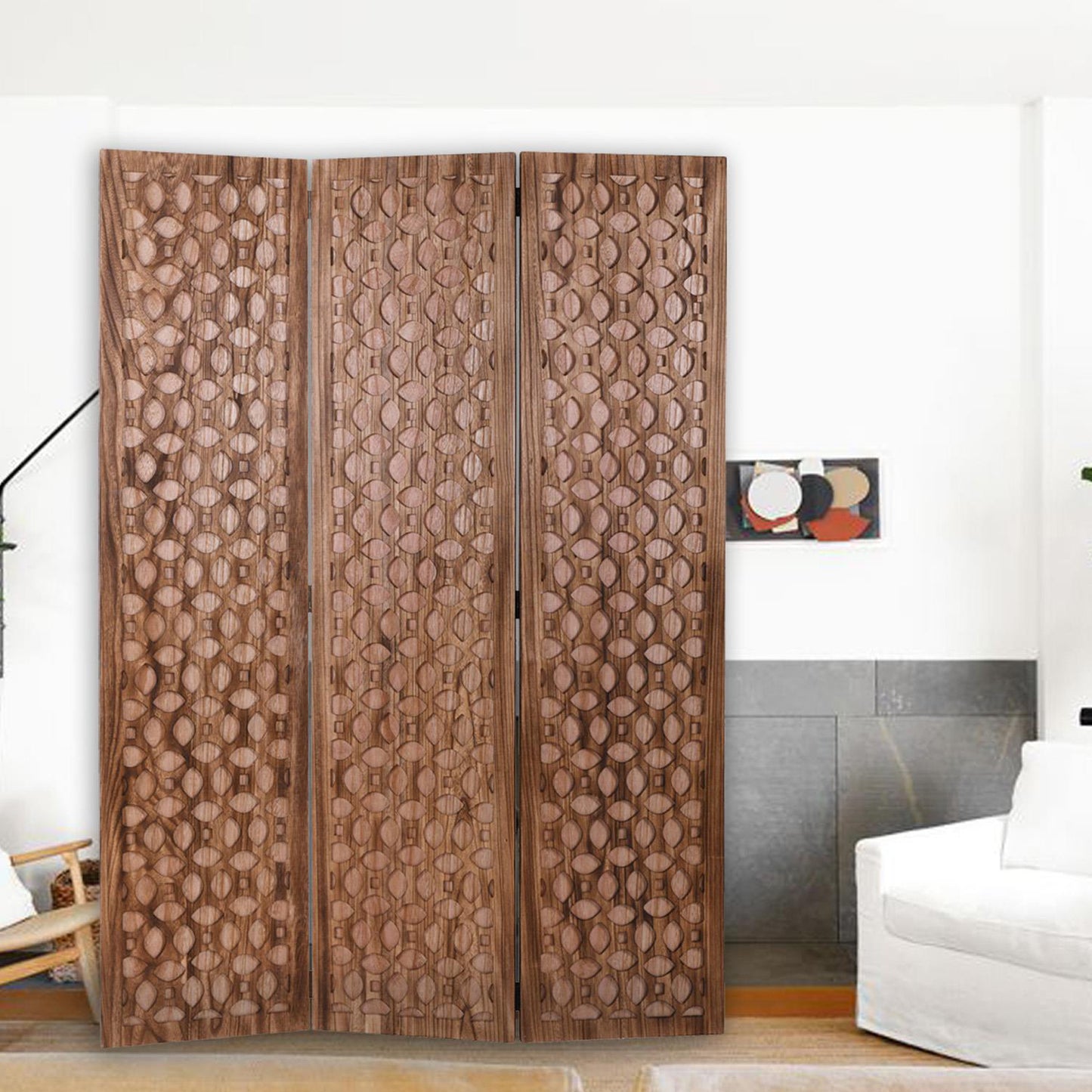 67" Brown Folding Three Panel Screen Room Divider