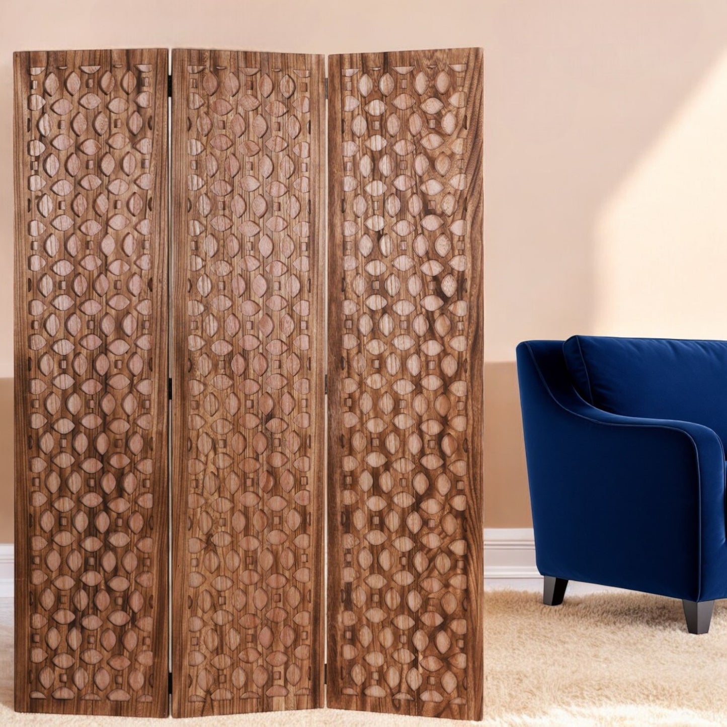 67" Brown Folding Three Panel Screen Room Divider