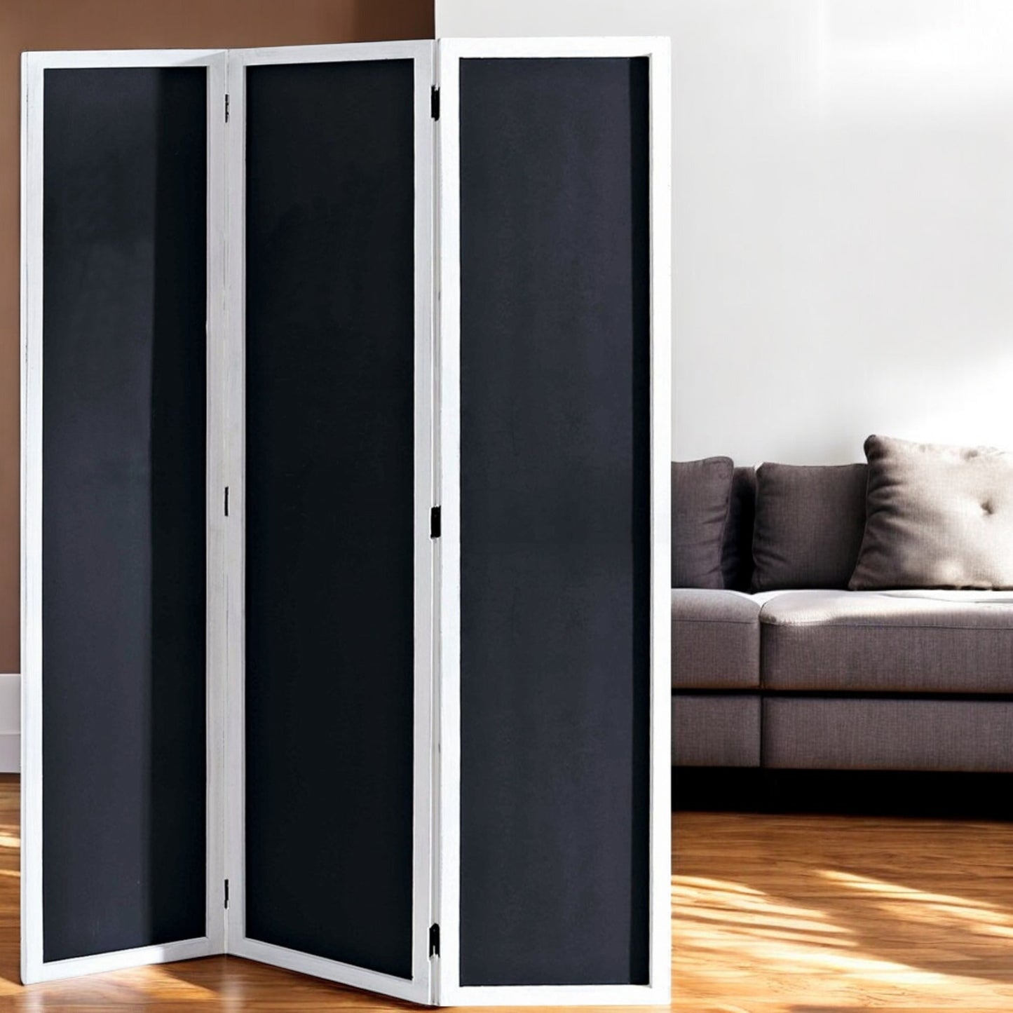 67" Black and White Chalkboard Wood Folding Three Panel Screen Room Divider