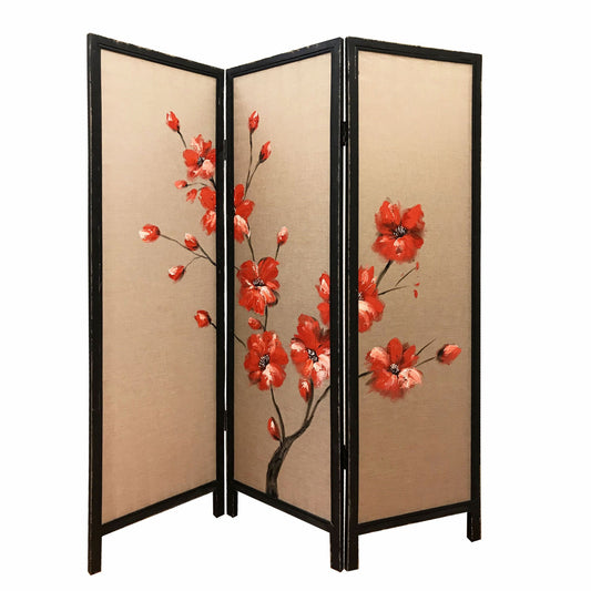 63" Brown Fabric Folding Three Panel Screen Room Divider