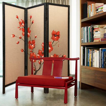 63" Brown Fabric Folding Three Panel Screen Room Divider