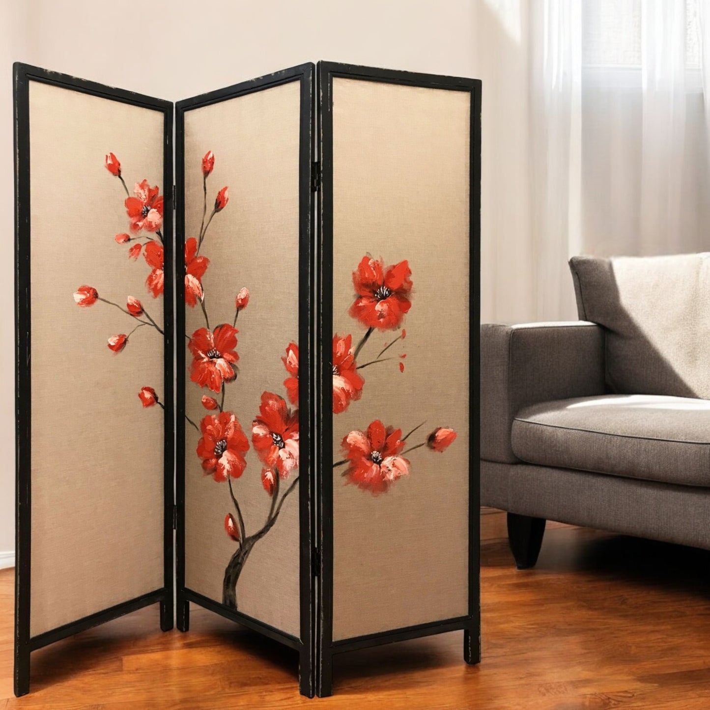 63" Brown Fabric Folding Three Panel Screen Room Divider