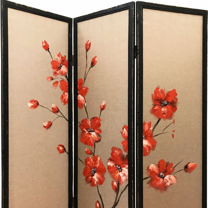 63" Brown Fabric Folding Three Panel Screen Room Divider