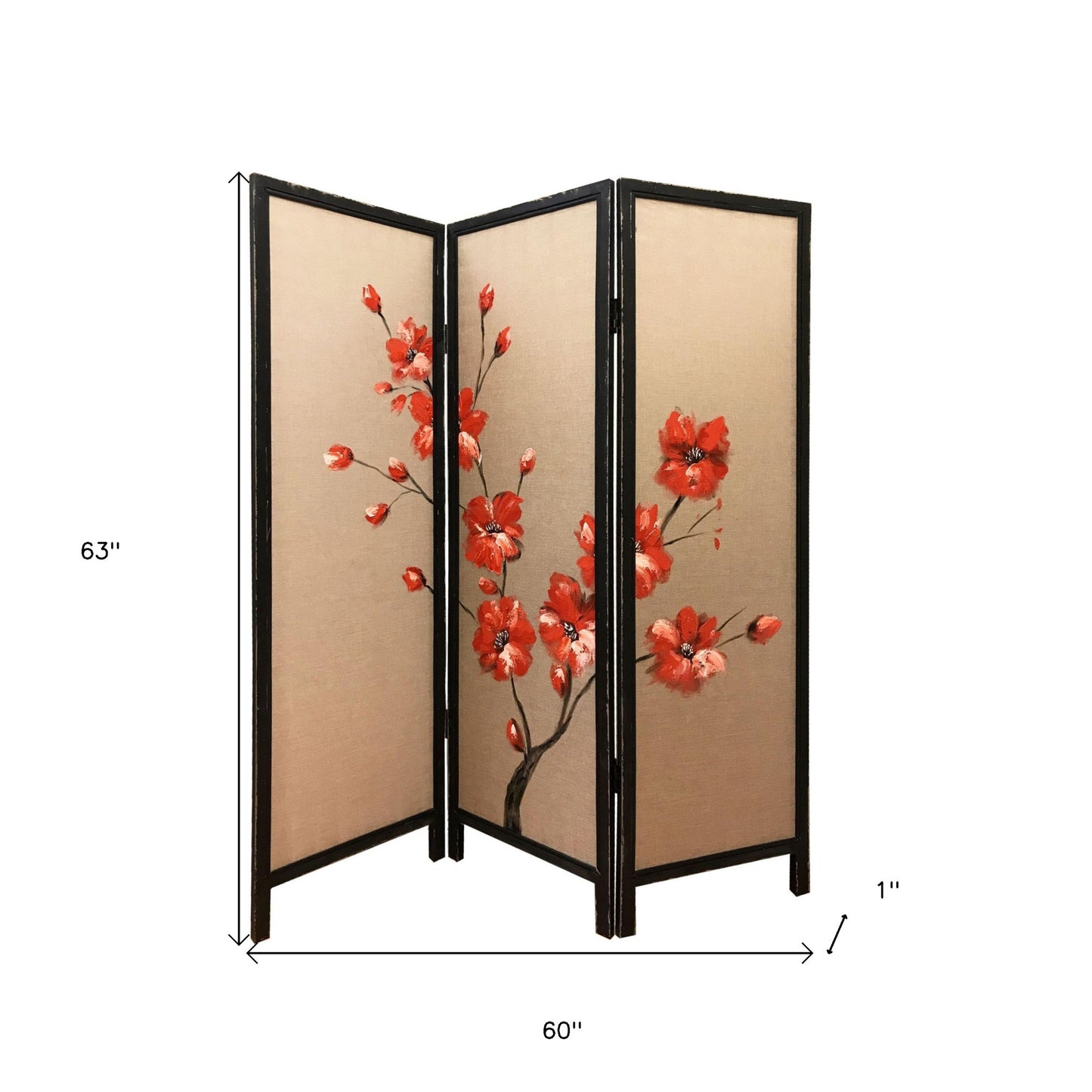 63" Brown Fabric Folding Three Panel Screen Room Divider