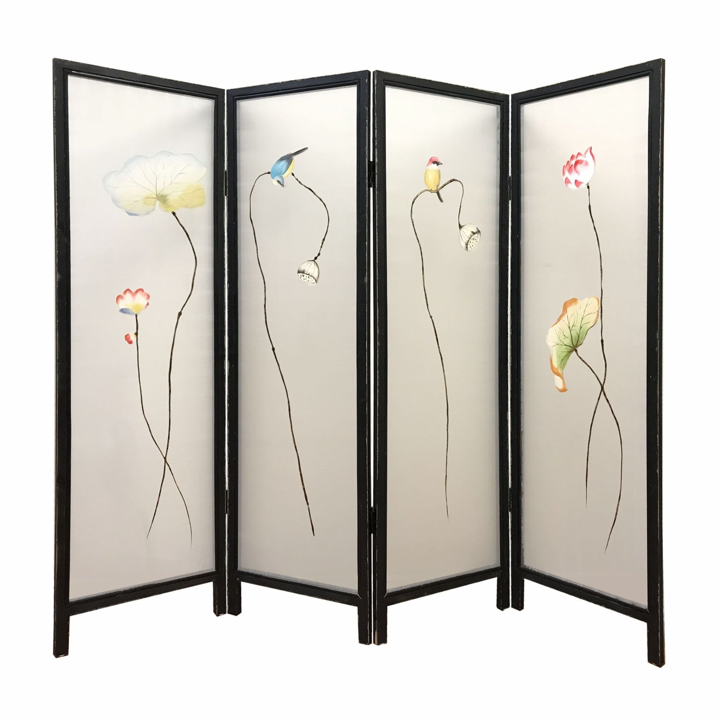 63" Black and White Fabric Folding Four Panel Screen Room Divider