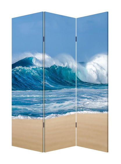 72" Blue and White Canvas Folding Three Panel Screen Room Divider