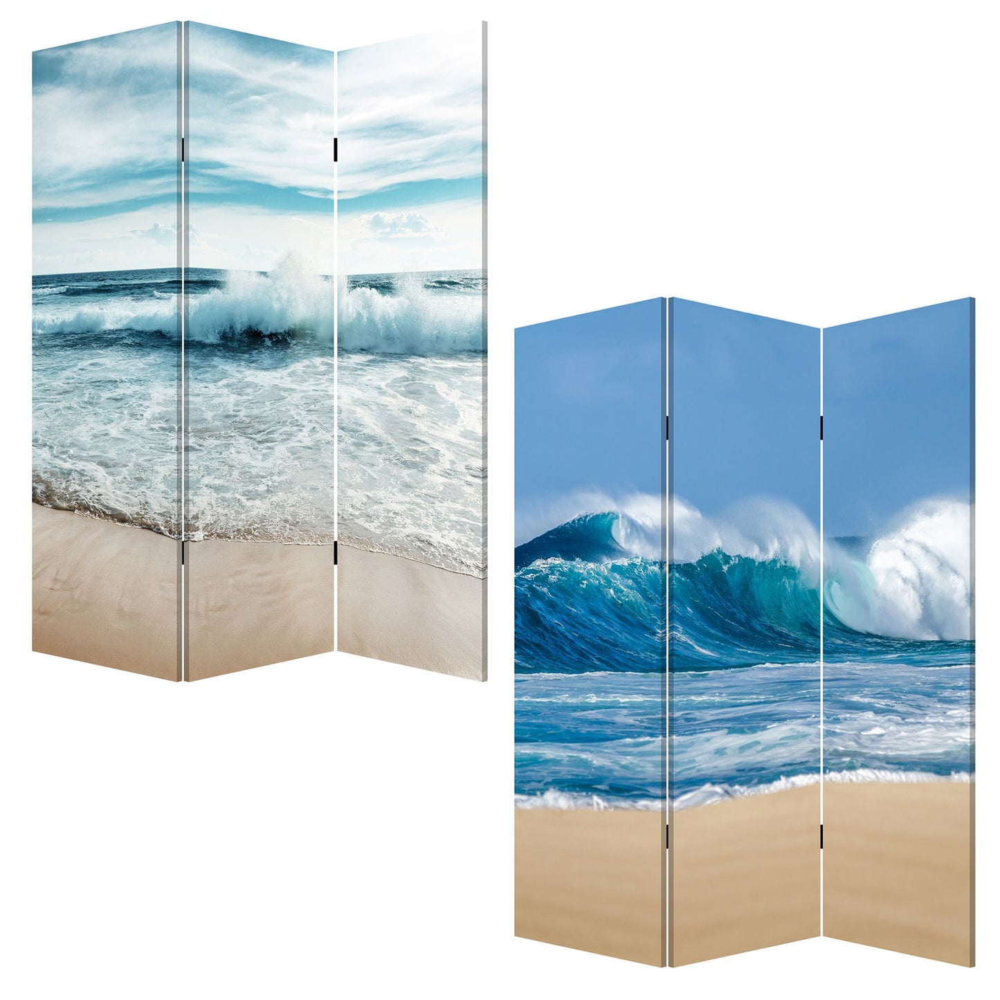 72" Blue and White Canvas Folding Three Panel Screen Room Divider