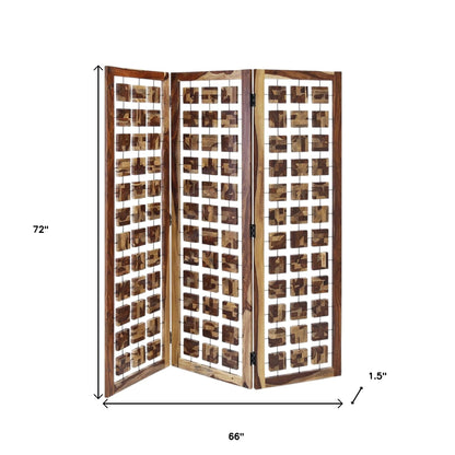 72" Brown Solid Wood Folding Three Panel Screen Room Divider