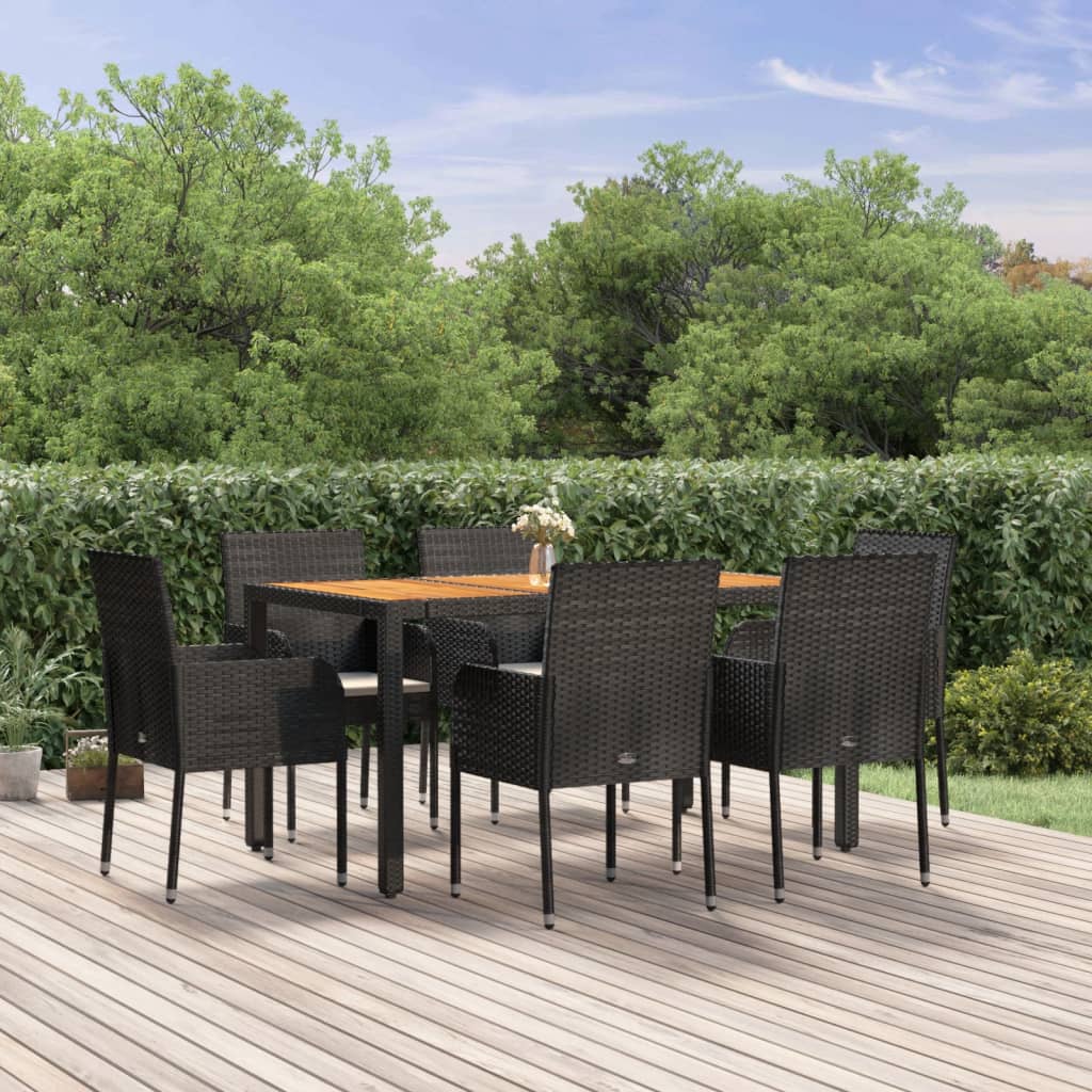 7 Piece Patio Dining Set with Cushions Black Poly Rattan