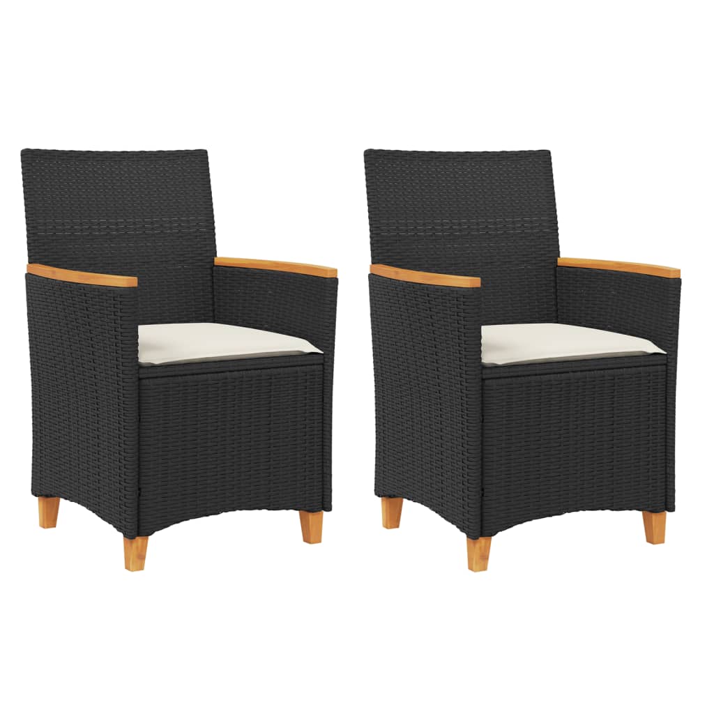 Patio Chairs with Cushions 2 pcs Black Poly Rattan&Solid Wood