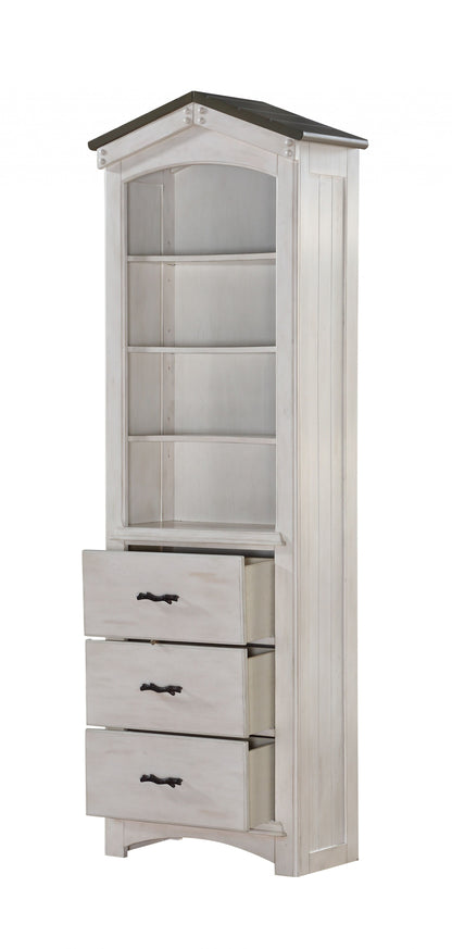 78" Gray and White Solid Wood Four Tier Barrister Bookcase with Three Drawers