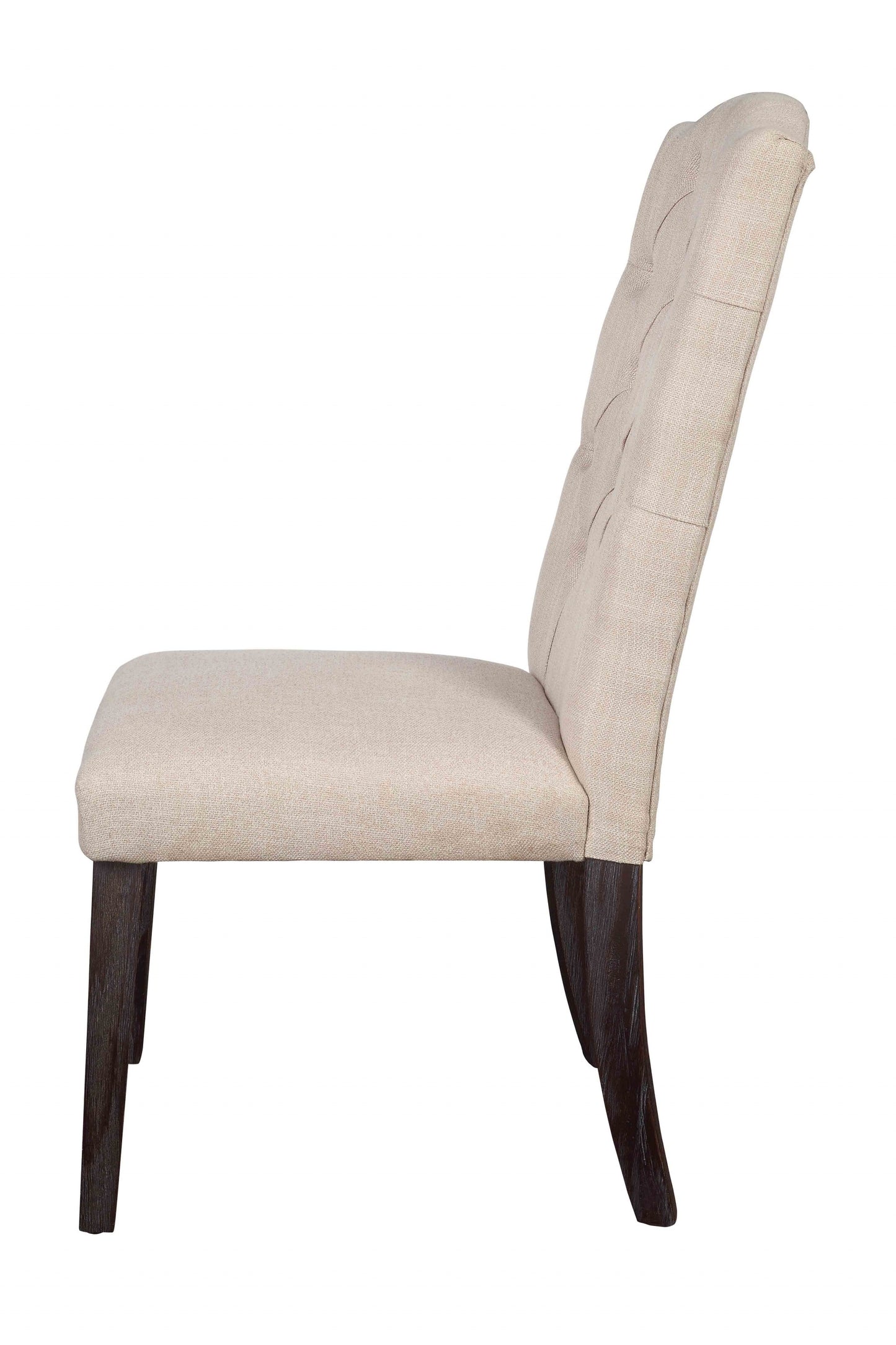 Set of Two Tufted Beige And Espresso Upholstered Linen Dining Side Chairs