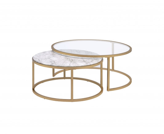 Set of Two 36" Clear White And Gold Glass Faux Marble And Iron Round Nested Coffee Tables