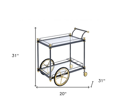 Black and Gold Iron And Glass Rolling Bar Cart With Wine Storage