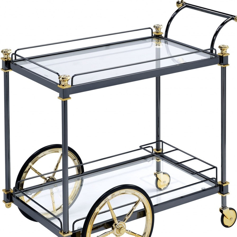 Black and Gold Iron And Glass Rolling Bar Cart With Wine Storage