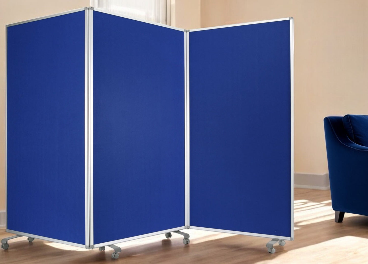 71" Blue Iron Folding Three Panel Screen Room Divider