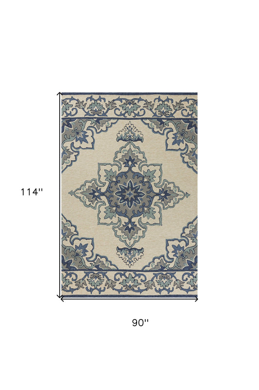 5' X 8' Ivory and Blue Damask Handmade Indoor Outdoor Area Rug