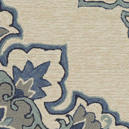 5' X 8' Ivory and Blue Damask Handmade Indoor Outdoor Area Rug