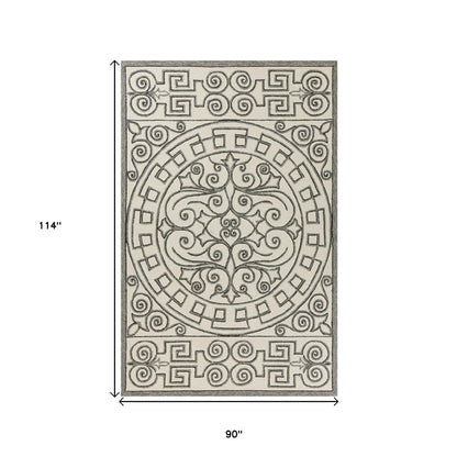 2' X 3' Gray and Ivory Damask Handmade Indoor Outdoor Area Rug