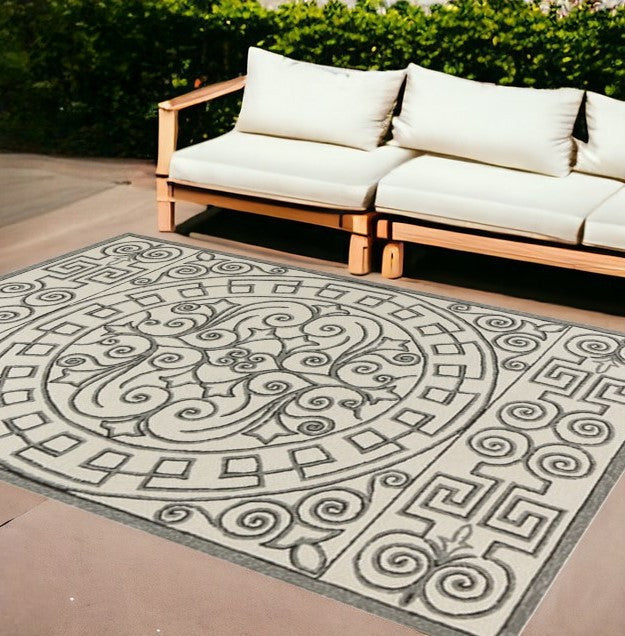 2' X 3' Gray and Ivory Damask Handmade Indoor Outdoor Area Rug