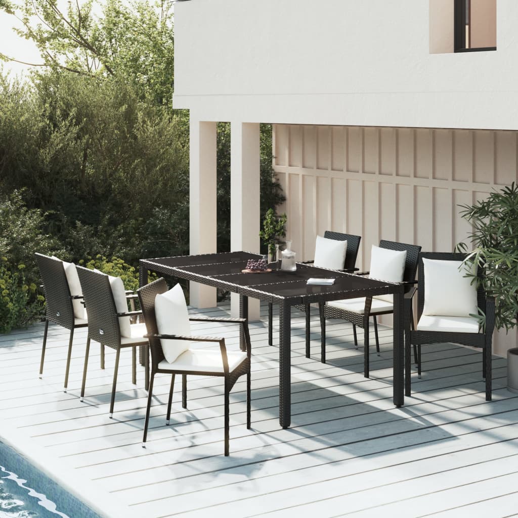 7 Piece Patio Dining Set with Cushions Black Poly Rattan