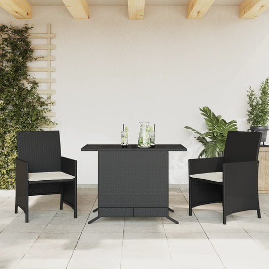 3 Piece Bistro Set with Cushions Black Poly Rattan