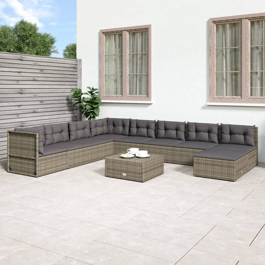 9 Piece Patio Lounge Set with Cushions Gray Poly Rattan