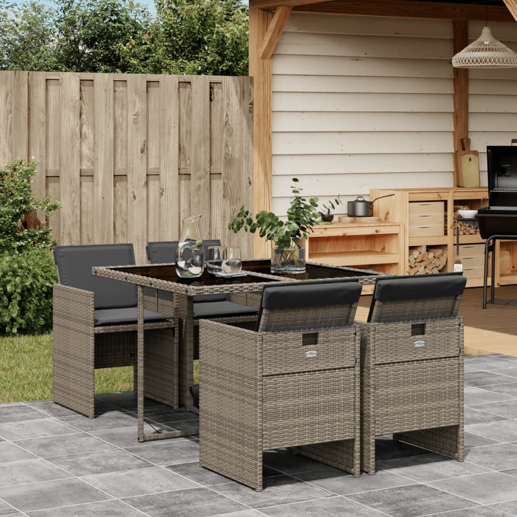 5 Piece Patio Dining Set with Cushions Gray Poly Rattan