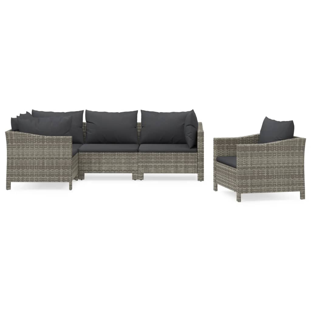 5 Piece Patio Lounge Set with Cushions Gray Poly Rattan